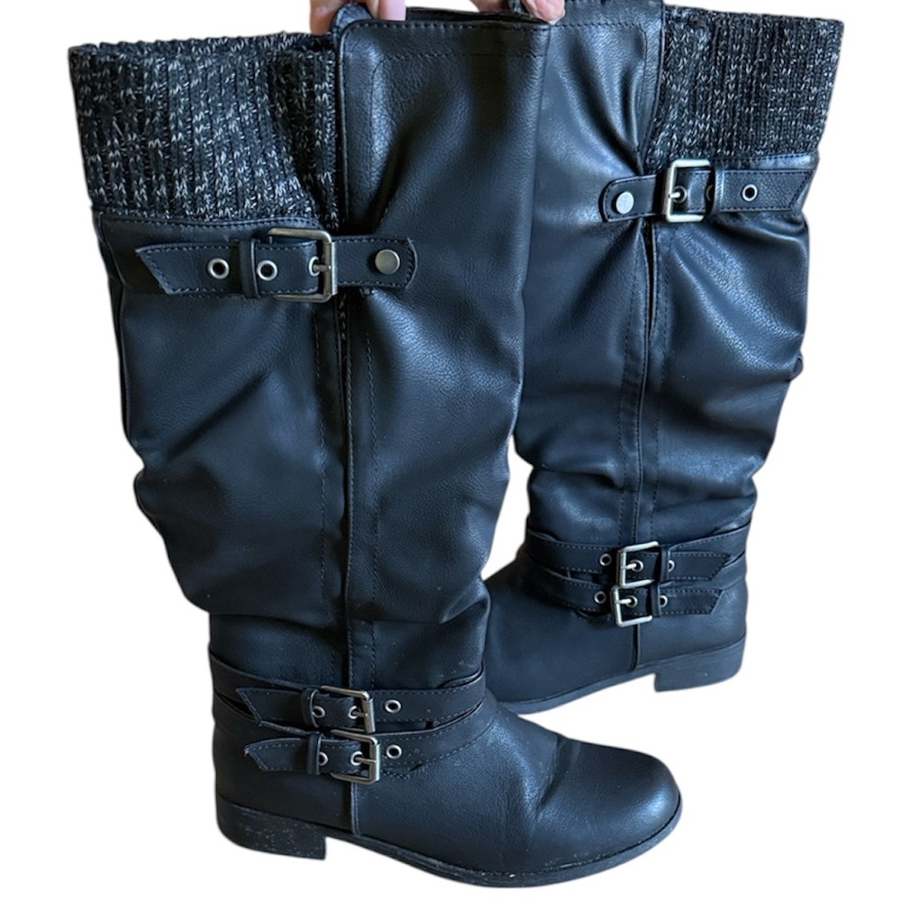 WOMENS KNEE HIGH BLACK SWEATER WESTERN RIDING BOOTS VEGAN LEATHER EUC SZ 8.5